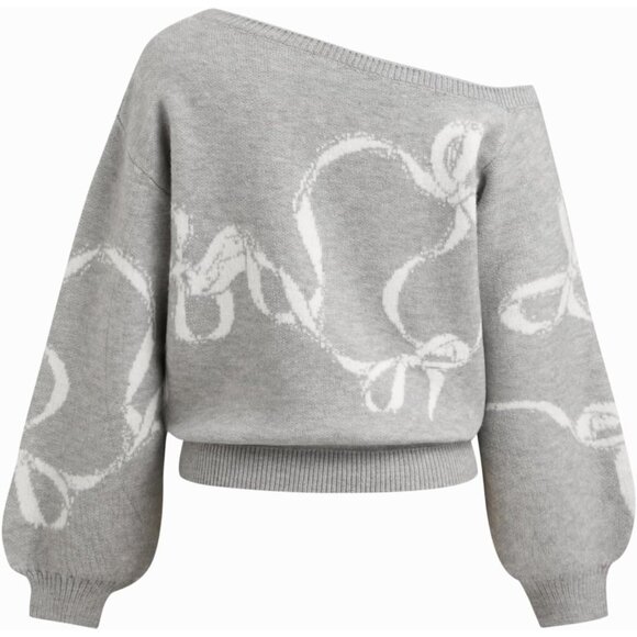 Women’s Grey CIDER One Shoulder Bowknot Knit Pullover Sweater - Picture 5 of 6